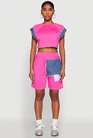 Womens Denim Trim Cap Sleeve Crop Top, Pink, Size S