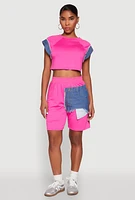 Womens Denim Trim Cap Sleeve Crop Top, Pink, Size S