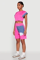 Womens Denim Trim Cap Sleeve Crop Top, Pink, Size S