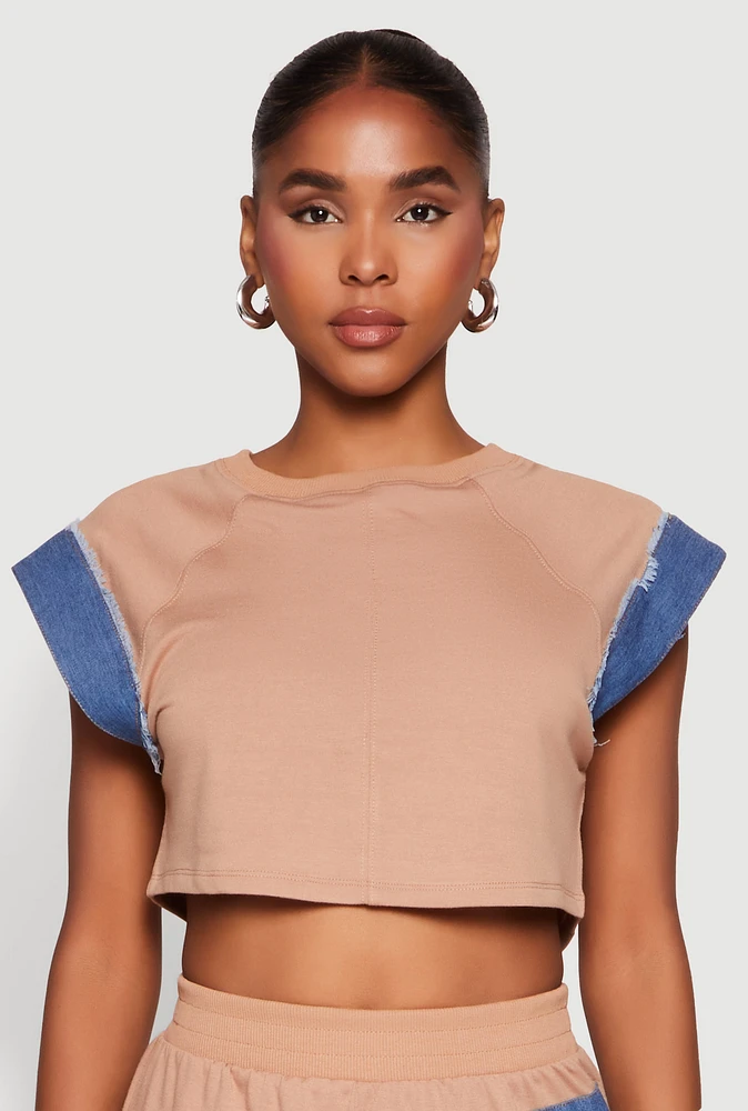 Womens Denim Trim Cap Sleeve Crop Top, L