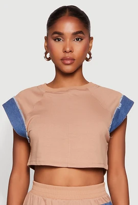Womens Denim Trim Cap Sleeve Crop Top, L