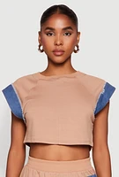 Womens Denim Trim Cap Sleeve Crop Top, L