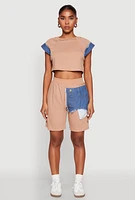 Womens Denim Trim Cap Sleeve Crop Top, L