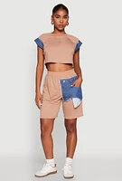 Womens Denim Trim Cap Sleeve Crop Top, L