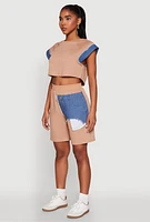 Womens Denim Trim Cap Sleeve Crop Top, L