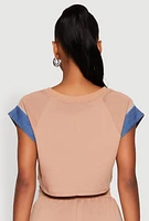 Womens Denim Trim Cap Sleeve Crop Top, L