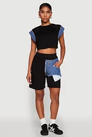 Womens Denim Patch Pocket French Terry Shorts,
