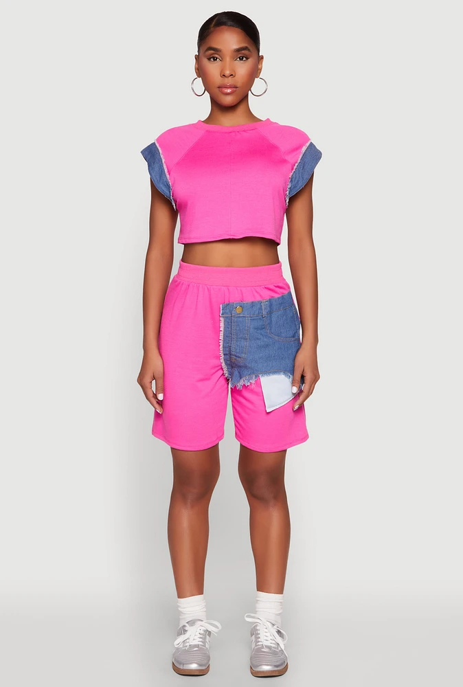 Womens Denim Patch Pocket French Terry Shorts, Pink, Size M