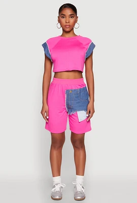 Womens Denim Patch Pocket French Terry Shorts, Pink, Size M