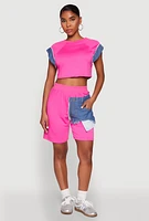 Womens Denim Patch Pocket French Terry Shorts, Pink, Size M