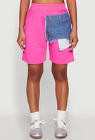 Womens Denim Patch Pocket French Terry Shorts, Pink, Size M
