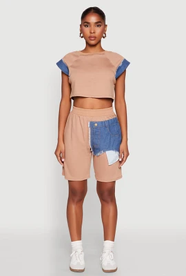 Womens Denim Patch Pocket French Terry Shorts, Brown, Size M
