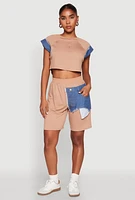 Womens Denim Patch Pocket French Terry Shorts, Brown, Size M
