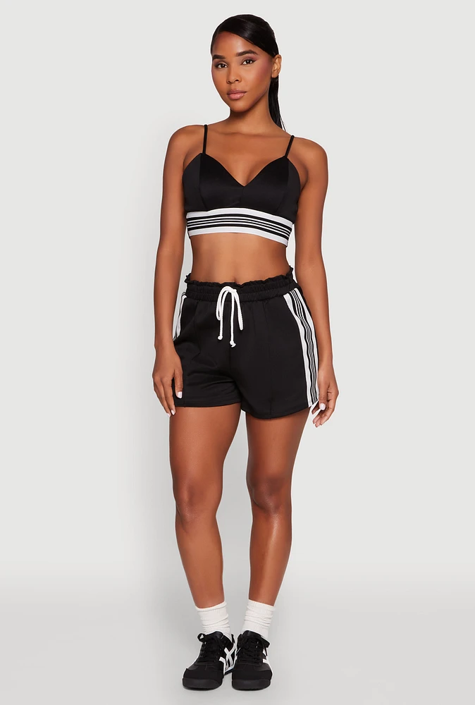 Womens Contrast Side Stripe Paper Bag Waist Short, Black, Size M