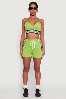 Womens Contrast Side Stripe Paper Bag Waist Short, Green, Size L