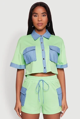 Womens Chambray Detail Short Sleeve Crop Top,