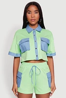 Womens Chambray Detail Short Sleeve Crop Top,