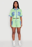 Womens Chambray Detail Short Sleeve Crop Top,