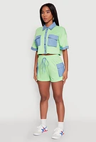 Womens Chambray Detail Short Sleeve Crop Top,