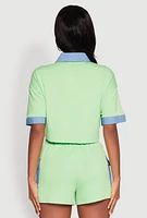Womens Chambray Detail Short Sleeve Crop Top,