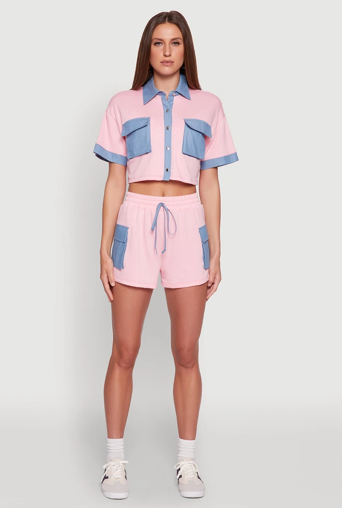 Womens Chambray Cargo Pocket Sweatshorts, Pink, Size XL