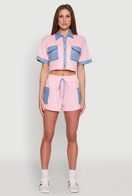 Womens Chambray Cargo Pocket Sweatshorts, Pink, Size XL