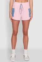 Womens Chambray Cargo Pocket Sweatshorts, Pink, Size XL