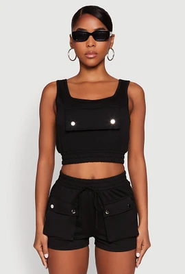 Womens Faux Flap Pocket Crop Top, S