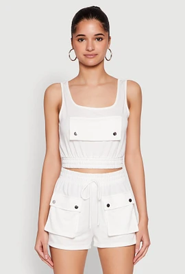 Womens Faux Flap Pocket Crop Top, White, Size S