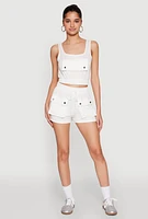 Womens Faux Flap Pocket Crop Top, White, Size S