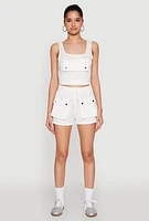 Womens Faux Flap Pocket Crop Top, White, Size S