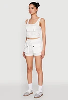 Womens Faux Flap Pocket Crop Top, White, Size S