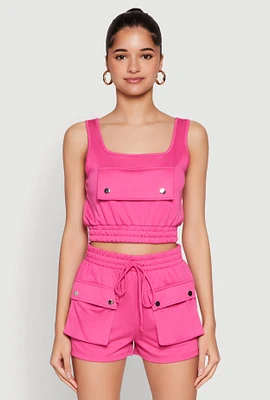 Womens Faux Flap Pocket Crop Top, Pink,