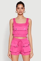 Womens Faux Flap Pocket Crop Top, Pink,