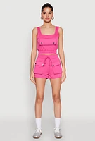 Womens Faux Flap Pocket Crop Top, Pink,