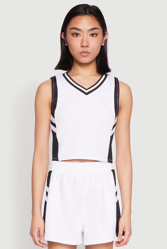 Womens Varsity Stripe Contrast Trim Cropped Tank Top, White, Size S