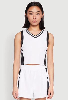 Womens Varsity Stripe Contrast Trim Cropped Tank Top, White, Size S