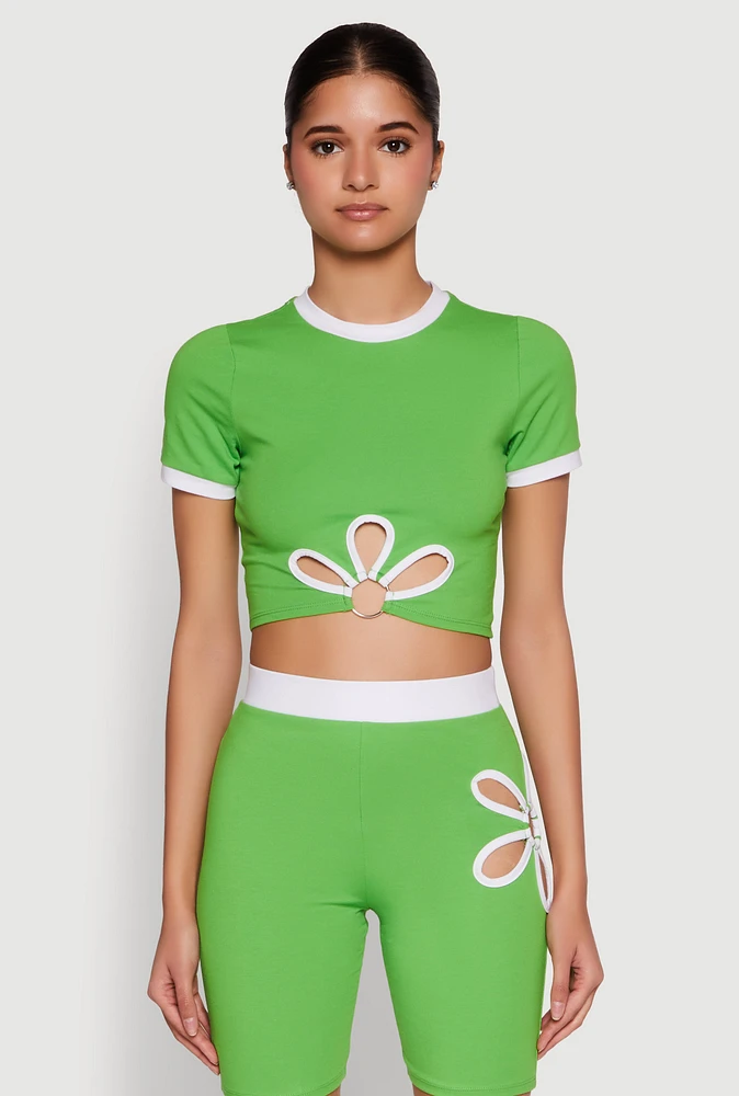 Womens Contrast Trim O Ring Cut Out Crop Top, Green, Size S
