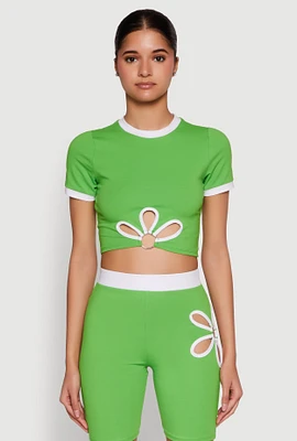 Womens Contrast Trim O Ring Cut Out Crop Top, Green, Size S