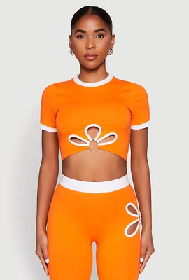 Womens Contrast Trim O Ring Cut Out Crop Top, Orange, Size S