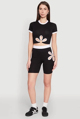 Womens O Ring Flower Cut Out Biker Shorts,