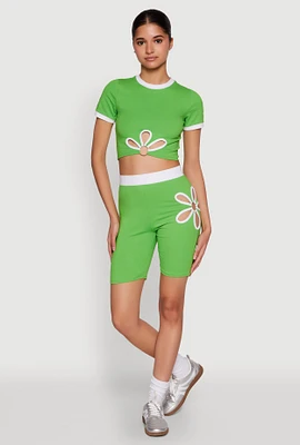 Womens O Ring Flower Cut Out Biker Shorts, Green,
