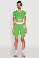 Womens O Ring Flower Cut Out Biker Shorts, Green,