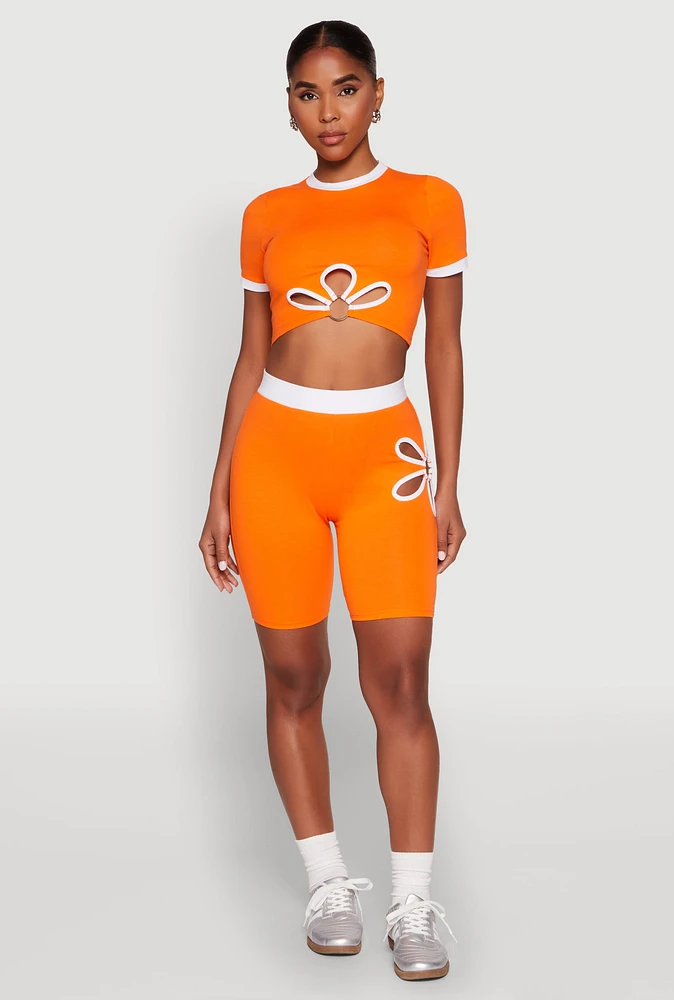 Womens O Ring Flower Cut Out Biker Shorts, Orange, Size M