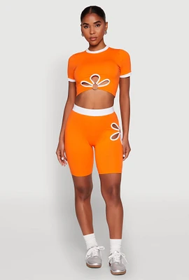 Womens O Ring Flower Cut Out Biker Shorts, Orange, Size M