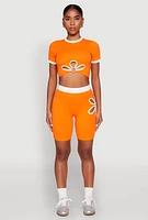 Womens O Ring Flower Cut Out Biker Shorts, Orange, Size L