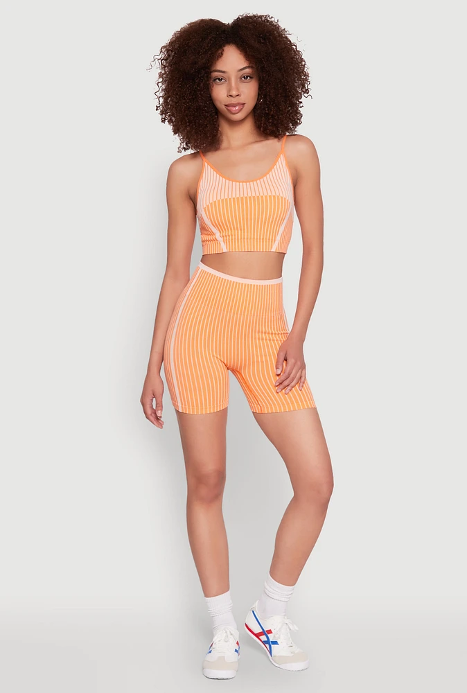 Womens Seamless Striped Biker Shorts, Orange, Size S-M