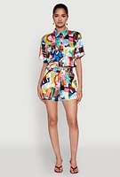 Womens Abstract Print Cropped Button Front Shirt, Multi, Size M