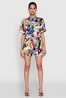 Womens Abstract Print Cropped Button Front Shirt, Multi,