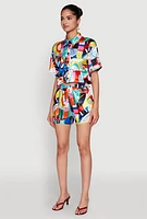 Womens Abstract Print Cropped Button Front Shirt, Multi, Size M